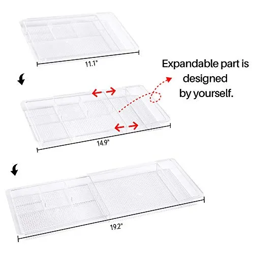 Oubonun Expandable Drawer Organizer 11.1” to 19.2” Width, Shallow Cosmetic Organizer 1.3” Height, 4 Packs, Clear Plastic Storage Trays with 7 Compartments for Dressing Table, Bathroom, and Office Desk