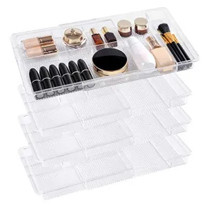 Oubonun Expandable Drawer Organizer 11.1” to 19.2” Width, Shallow Cosmetic Organizer 1.3” Height, 4 Packs, Clear Plastic Storage Trays with 7 Compartments for Dressing Table, Bathroom, and Office Desk