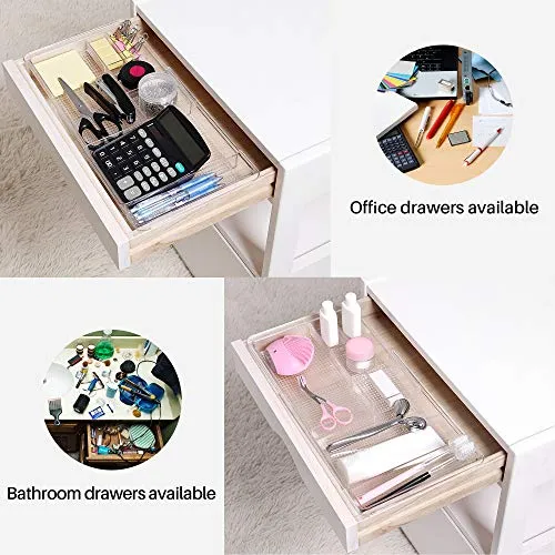 Oubonun Expandable Drawer Organizer 11.1” to 19.2” Width, Shallow Cosmetic Organizer 1.3” Height, 4 Packs, Clear Plastic Storage Trays with 7 Compartments for Dressing Table, Bathroom, and Office Desk