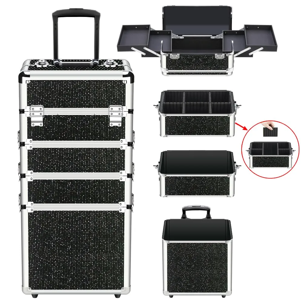 OUDMAY Makeup Case - 4 in 1 Professional Cosmetics Rolling Train Organizer with Aluminum Frame and Folding Trays Black Diamonds