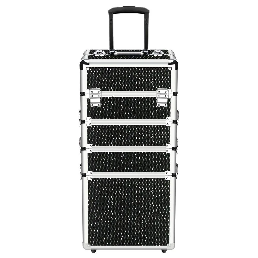 OUDMAY Makeup Case - 4 in 1 Professional Cosmetics Rolling Train Organizer with Aluminum Frame and Folding Trays Black Diamonds