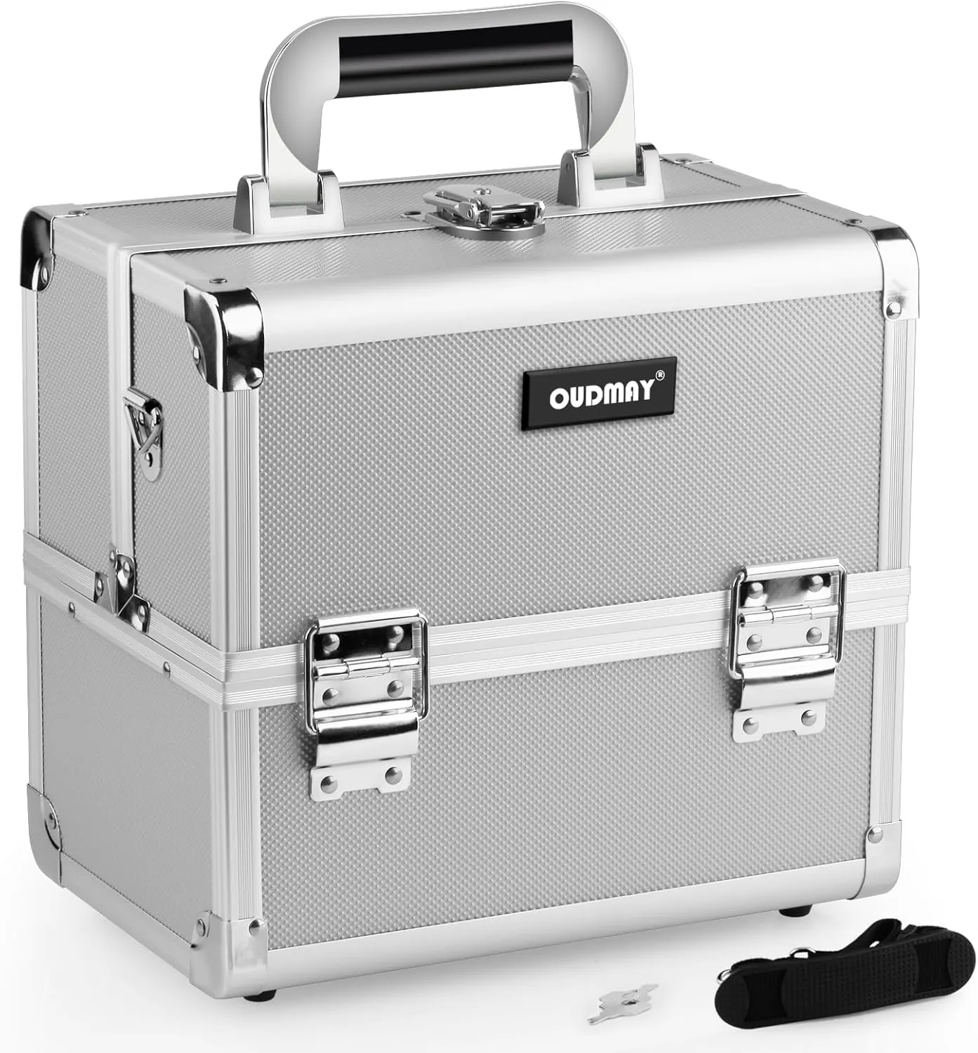 OUDMAY Makeup Case - Professional Portable Aluminum Cosmetics Storage Box With Locks and 2-Deck Folding Trays Silvery Diamond