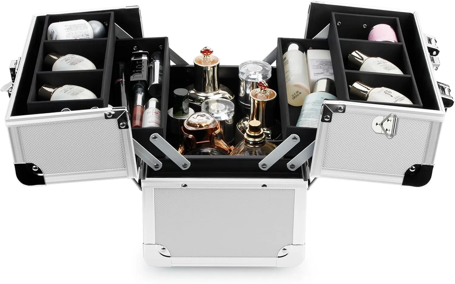 OUDMAY Makeup Case - Professional Portable Aluminum Cosmetics Storage Box With Locks and 2-Deck Folding Trays Silvery Diamond