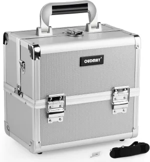 OUDMAY Makeup Case - Professional Portable Aluminum Cosmetics Storage Box With Locks and 2-Deck Folding Trays Silvery Diamond