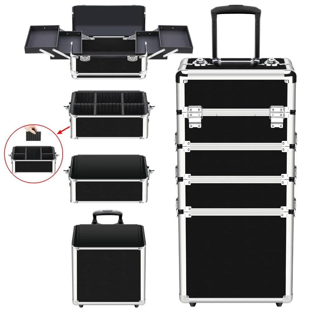 OUDMAY Makeup Train Case 4 in 1 Professional Cosmetics Rolling Organizer Aluminum Frame and Folding Trays