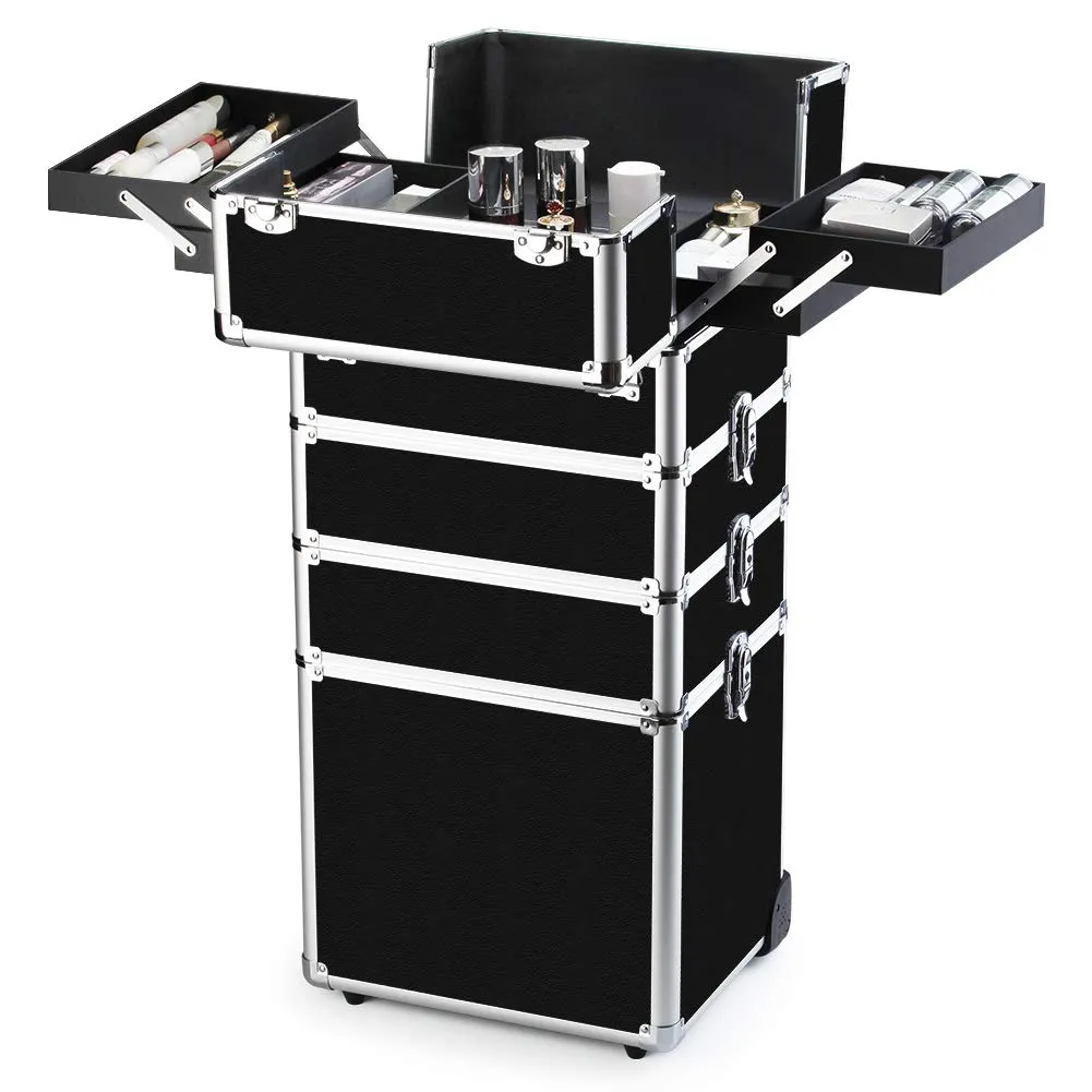 OUDMAY Makeup Train Case 4 in 1 Professional Cosmetics Rolling Organizer Aluminum Frame and Folding Trays