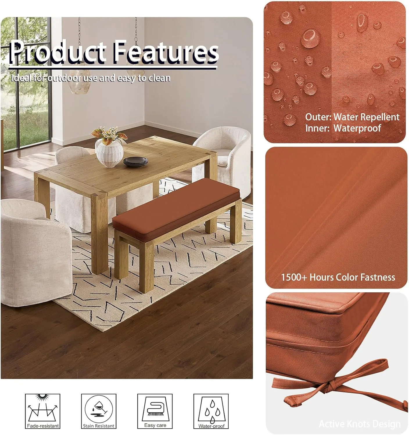 Outdoor Bench Cushion 54 x 18 x 3 Inch, Waterproof Patio Furniture Cushions with Ties, Non-Slip Rectangle Bench Seat Cushion Foam Pad for Garden Sofa Settee Couch Swing, Red