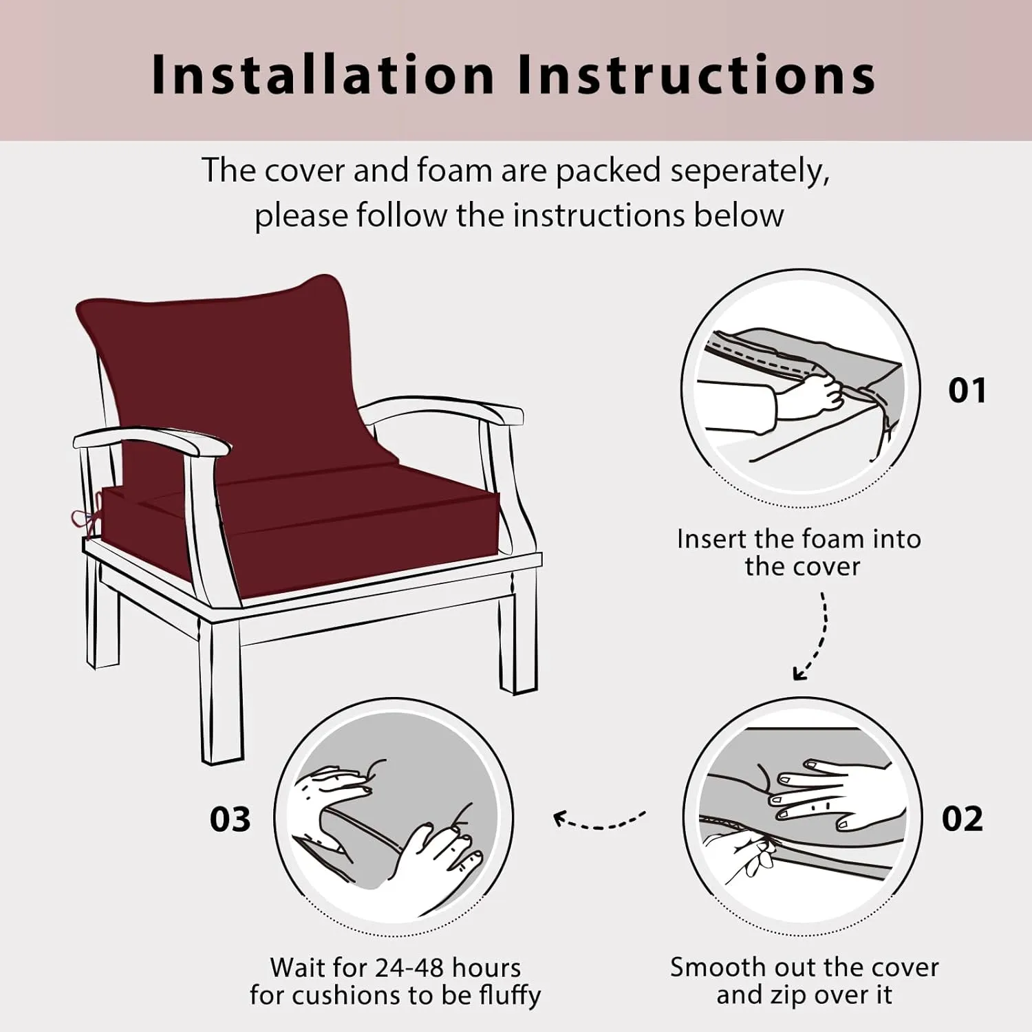 Outdoor Chair Cushions 24x24, Patio Furniture Cushions with Removable Cover, Outdoor Deep Seat Cushion Set with Ties and Handle, Waterproof Outdoor Cushions for Chair Sofa Couch, Burgundy