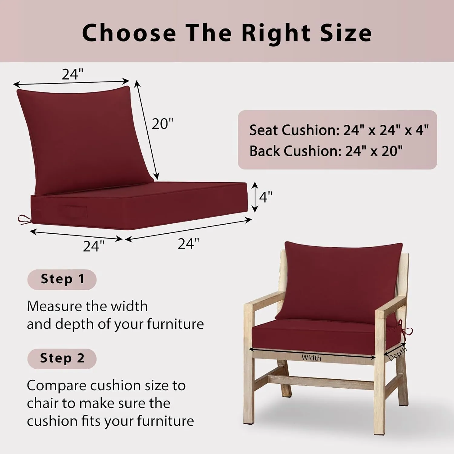Outdoor Chair Cushions 24x24, Patio Furniture Cushions with Removable Cover, Outdoor Deep Seat Cushion Set with Ties and Handle, Waterproof Outdoor Cushions for Chair Sofa Couch, Burgundy