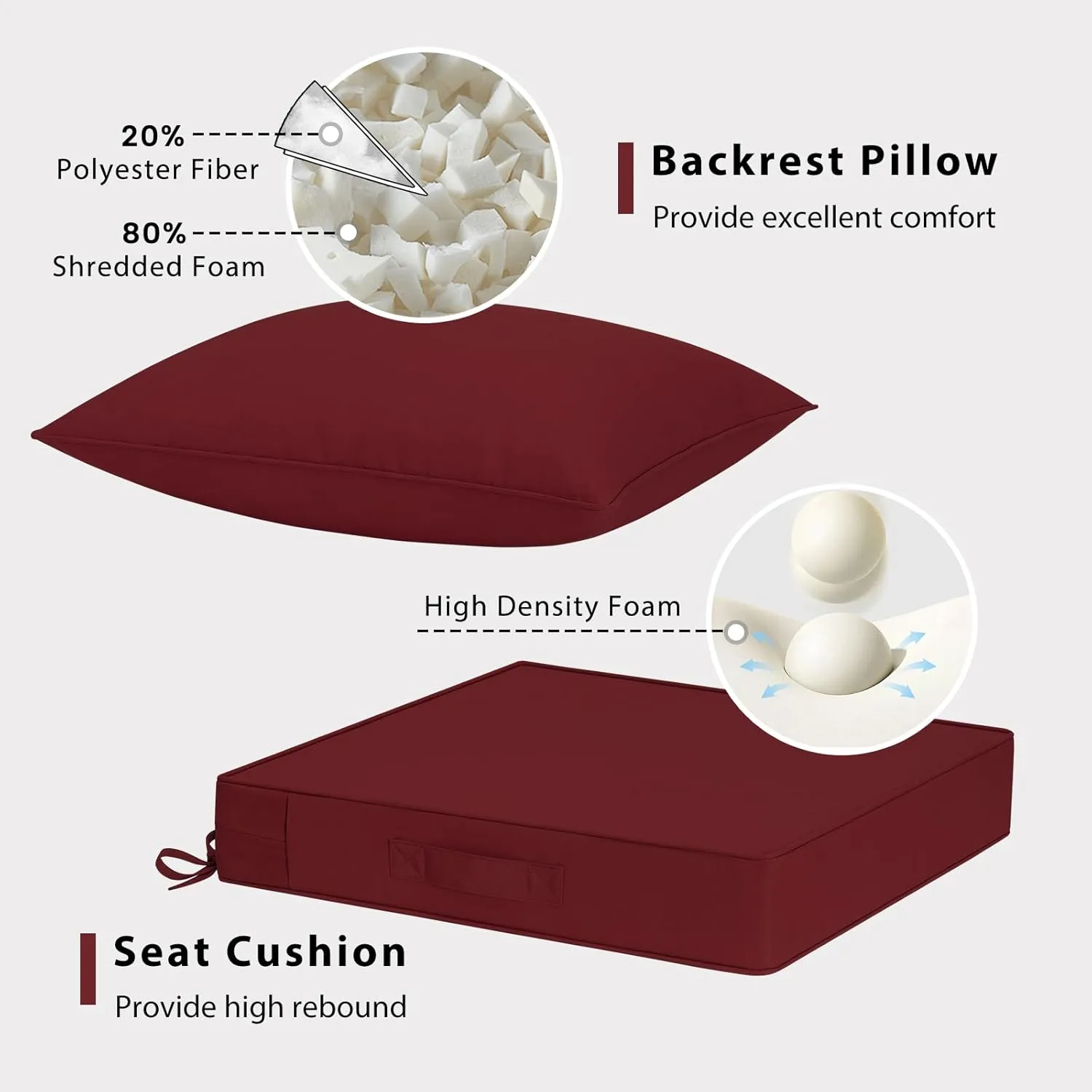 Outdoor Chair Cushions 24x24, Patio Furniture Cushions with Removable Cover, Outdoor Deep Seat Cushion Set with Ties and Handle, Waterproof Outdoor Cushions for Chair Sofa Couch, Burgundy