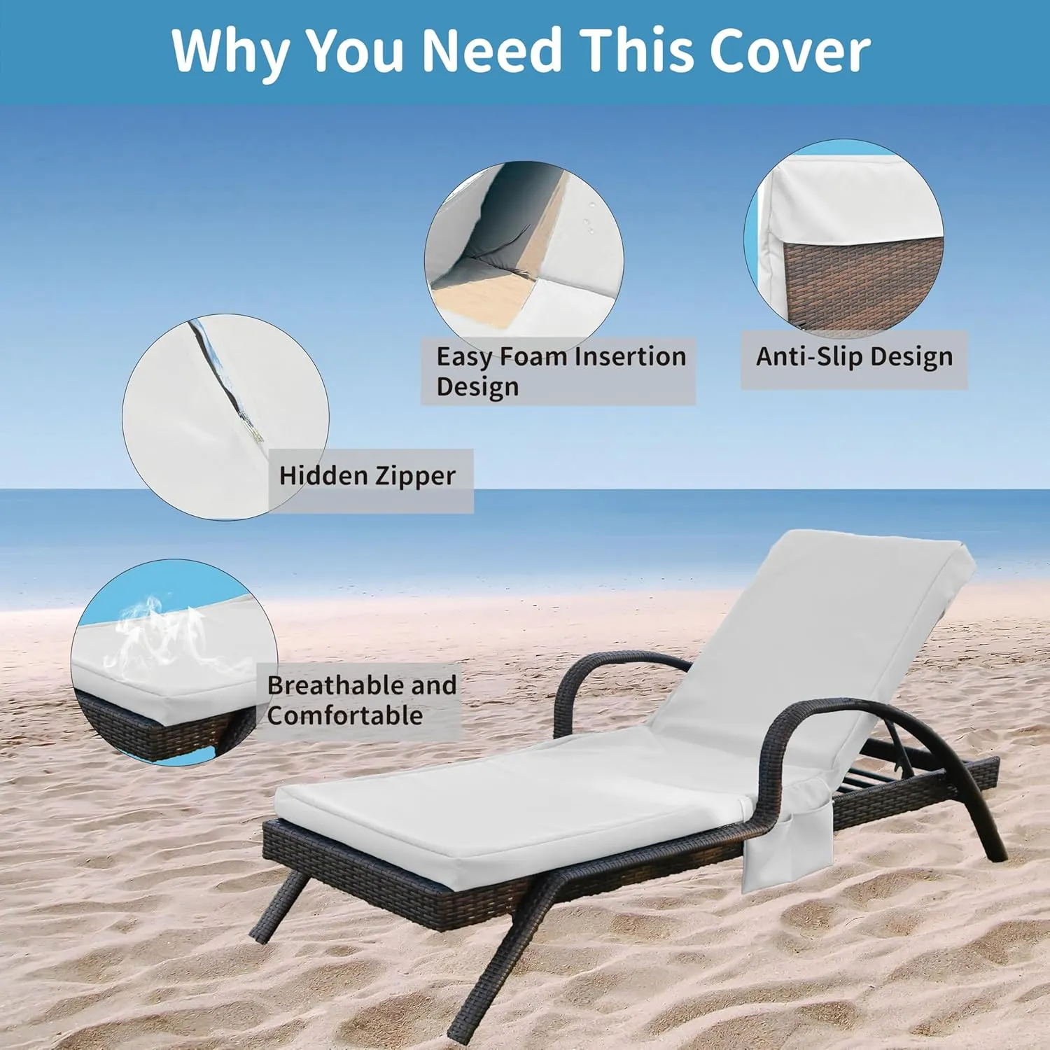 Outdoor Chaise Lounge Cushion Covers Only (Not Includes Cushion), 72x21x3 Inch Patio Cushion Slipcovers Waterproof Anti-Slip Lounge Chair Replacement Cover with Zipper Ties for Patio Pool (Khaki)