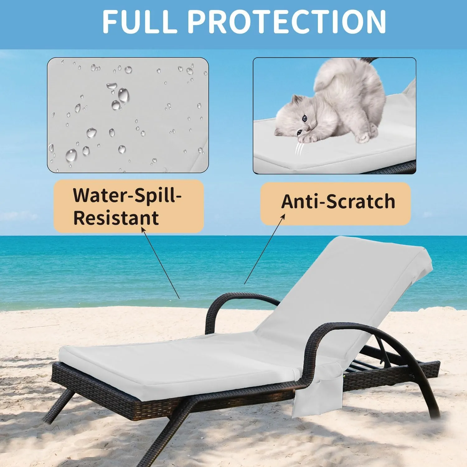 Outdoor Chaise Lounge Cushion Covers Only (Not Includes Cushion), 72x21x3 Inch Patio Cushion Slipcovers Waterproof Anti-Slip Lounge Chair Replacement Cover with Zipper Ties for Patio Pool (Khaki)