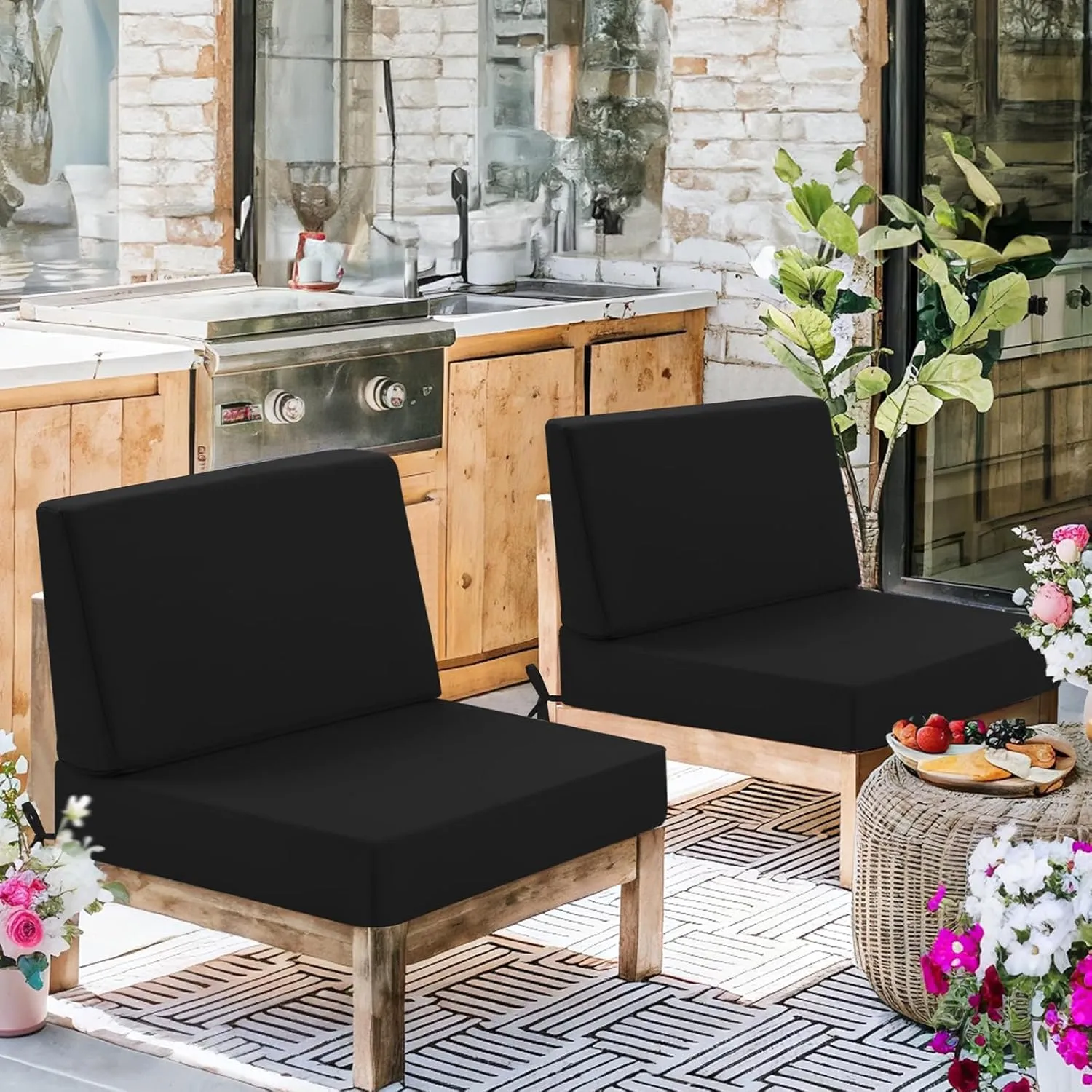 Outdoor Cushions for Patio Furniture, Outdoor Seat and Back Cushion, Waterproof Hampton Bay Deep Seat Replacement Couch Cushions for Garden Lawn, 26.5x26.5 Black