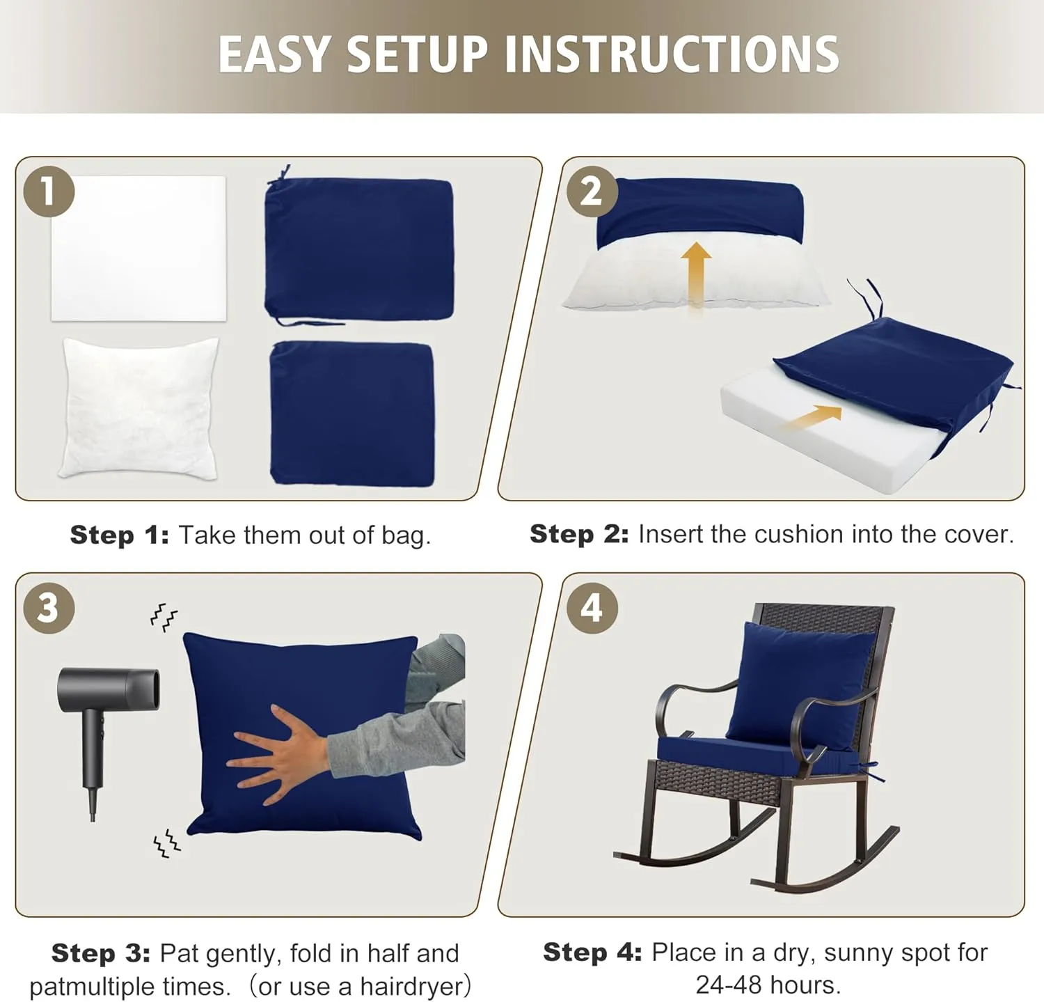 Outdoor Cushions for Patio Furniture, Waterproof Outdoor Chair Cushion w/Fade-Resistant, Removable & Machine-Washable Cover, 22x22 Inch, Deep Seat Sofa/Couch Pad Replacement – Set of 2, Navy Blue