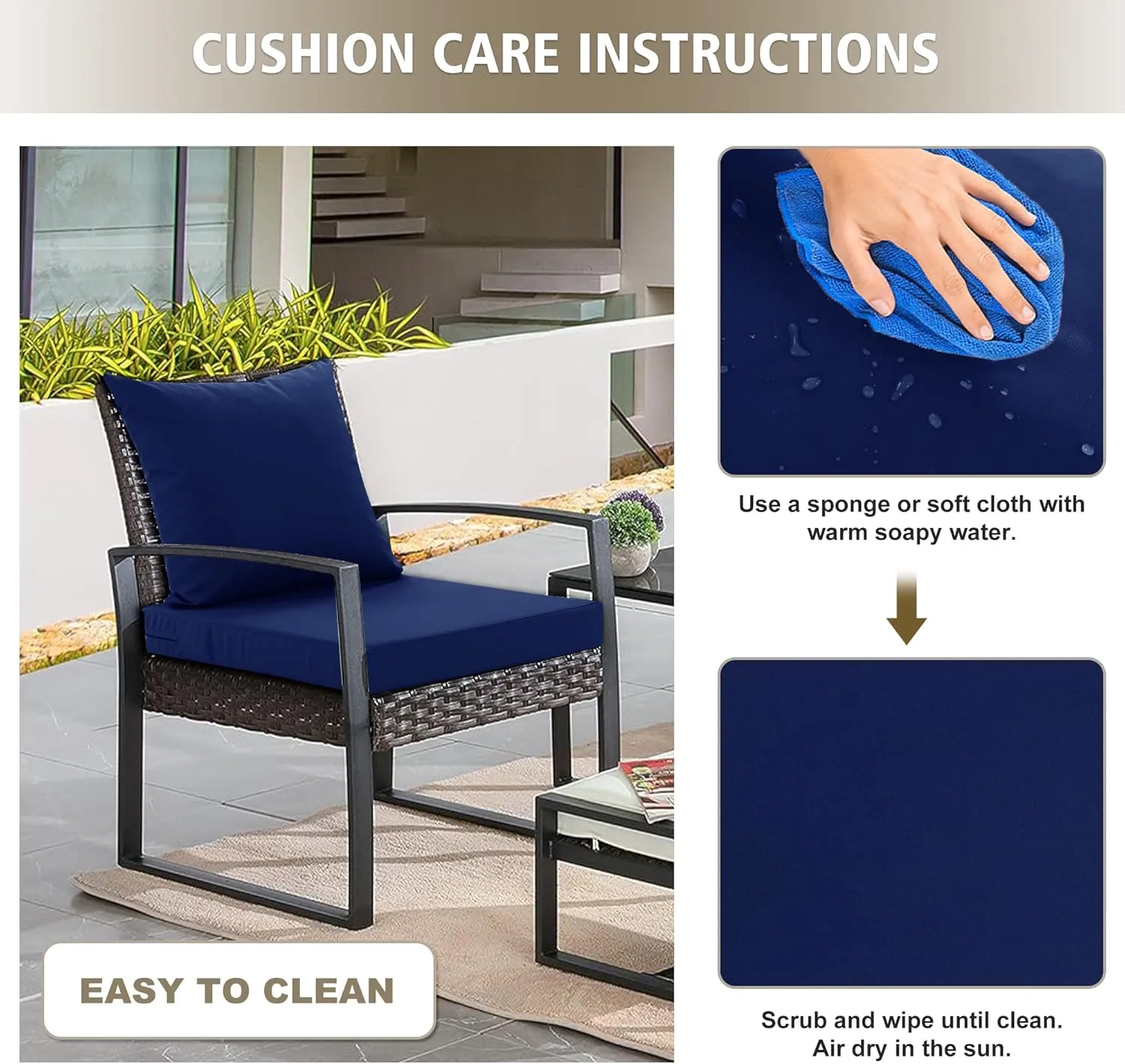 Outdoor Cushions for Patio Furniture, Waterproof Outdoor Chair Cushion w/Fade-Resistant, Removable & Machine-Washable Cover, 22x22 Inch, Deep Seat Sofa/Couch Pad Replacement – Set of 2, Navy Blue