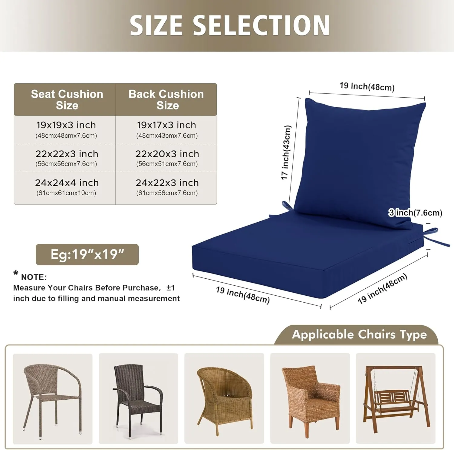 Outdoor Cushions for Patio Furniture, Waterproof Outdoor Chair Cushion w/Fade-Resistant, Removable & Machine-Washable Cover, 22x22 Inch, Deep Seat Sofa/Couch Pad Replacement – Set of 2, Navy Blue