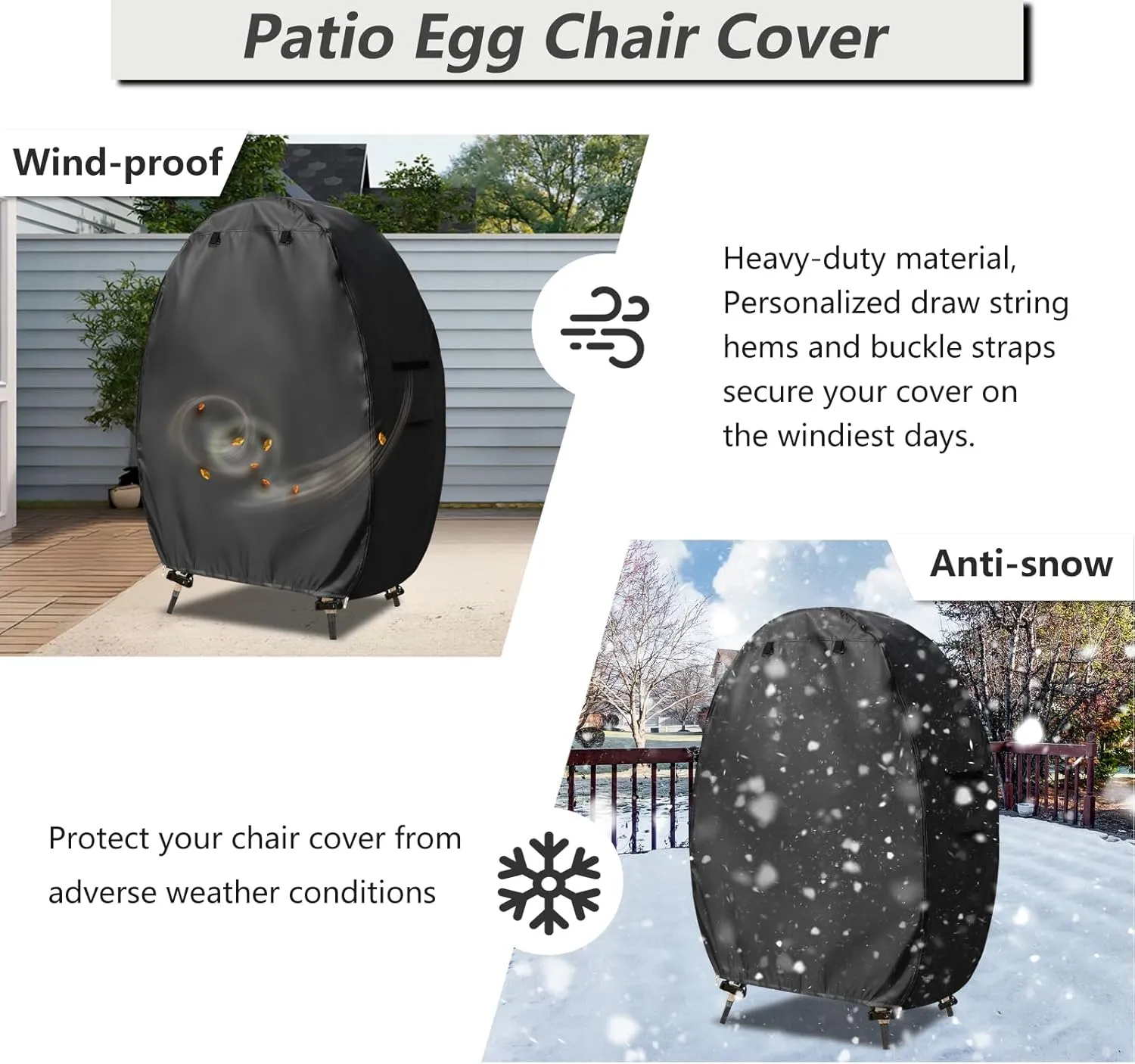 Outdoor Egg Chair Cover with Double Zipper,Waterproof Dust Proof Anti-UV Egg Chair Covers for Wicker Patio Basket Chairs(Black,Cover Only)