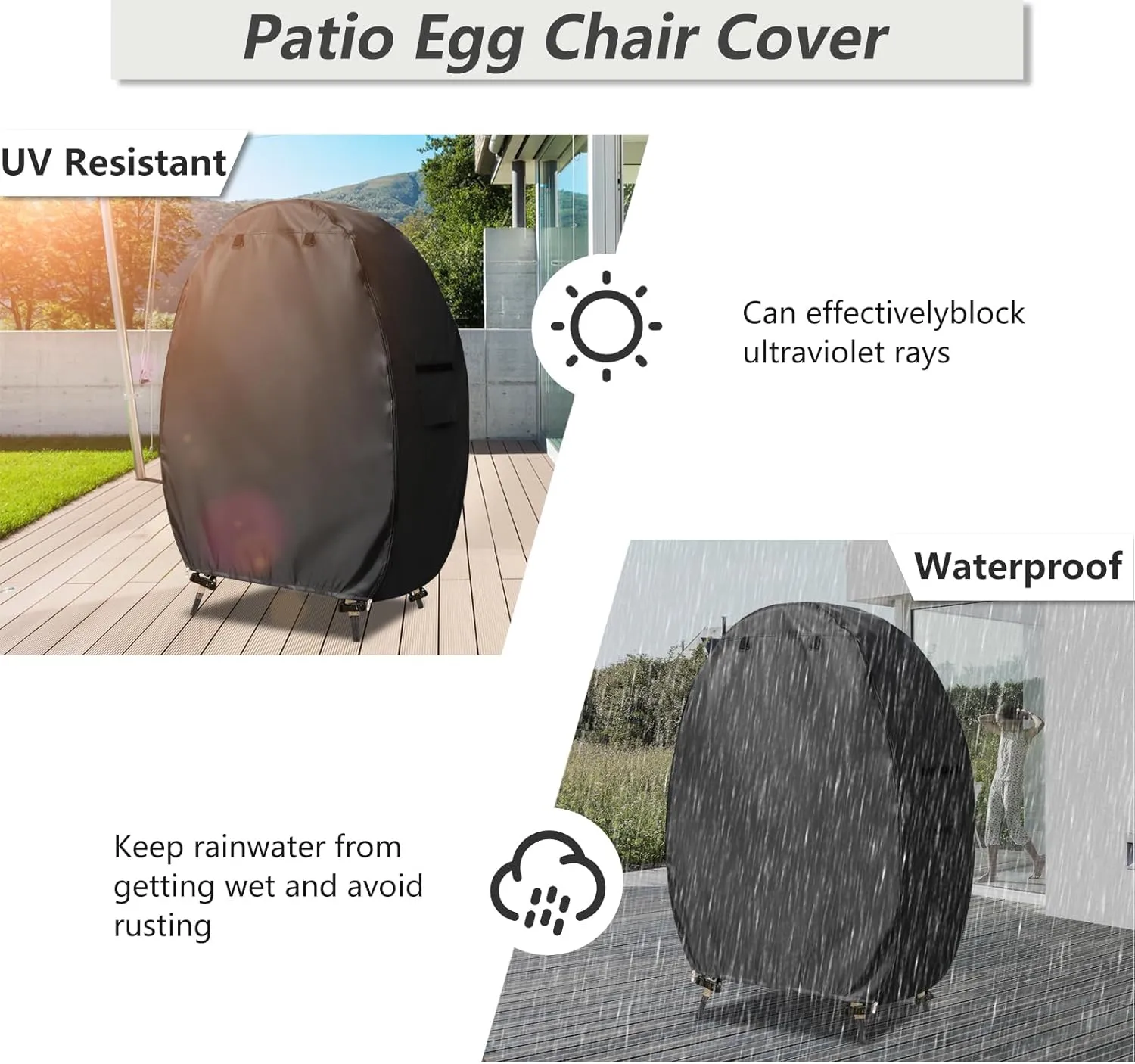 Outdoor Egg Chair Cover with Double Zipper,Waterproof Dust Proof Anti-UV Egg Chair Covers for Wicker Patio Basket Chairs(Black,Cover Only)