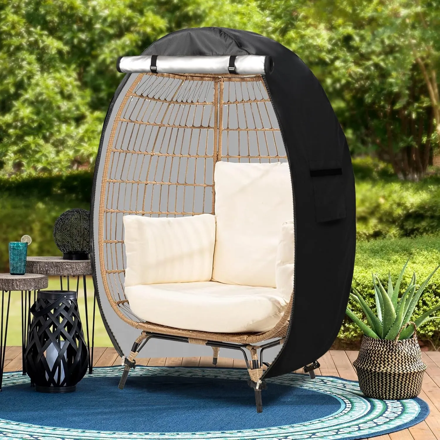 Outdoor Egg Chair Cover with Double Zipper,Waterproof Dust Proof Anti-UV Egg Chair Covers for Wicker Patio Basket Chairs(Black,Cover Only)