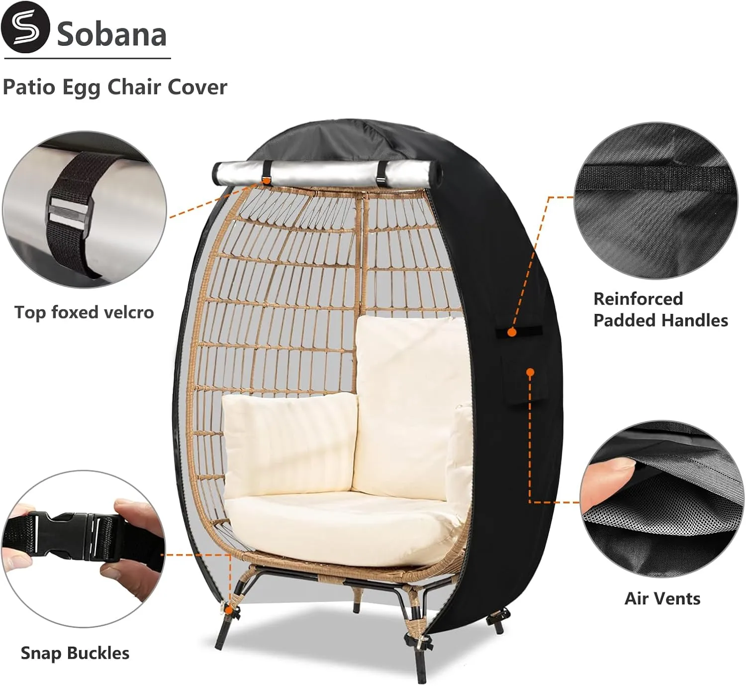 Outdoor Egg Chair Cover with Double Zipper,Waterproof Dust Proof Anti-UV Egg Chair Covers for Wicker Patio Basket Chairs(Black,Cover Only)