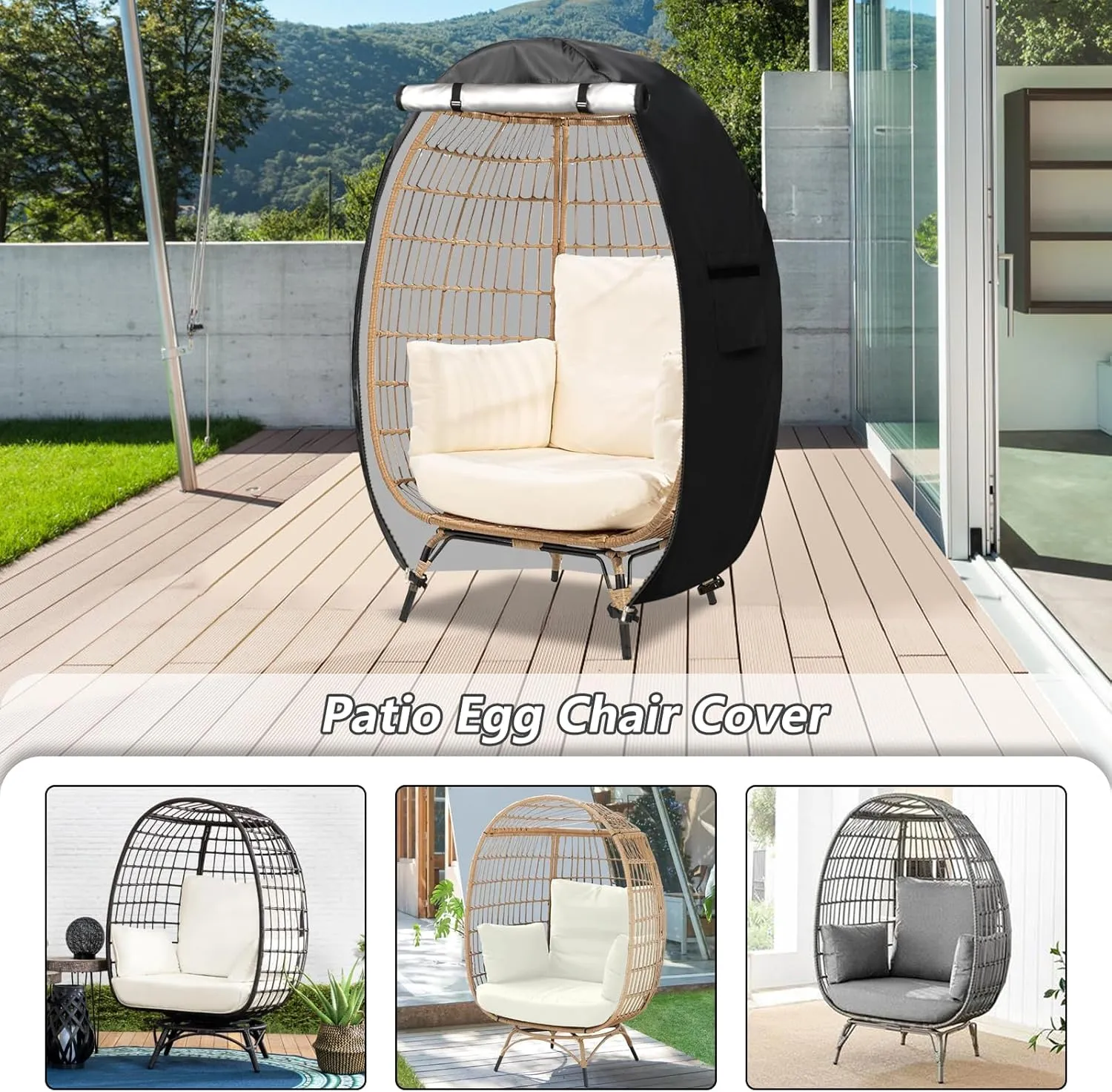 Outdoor Egg Chair Cover with Double Zipper,Waterproof Dust Proof Anti-UV Egg Chair Covers for Wicker Patio Basket Chairs(Black,Cover Only)