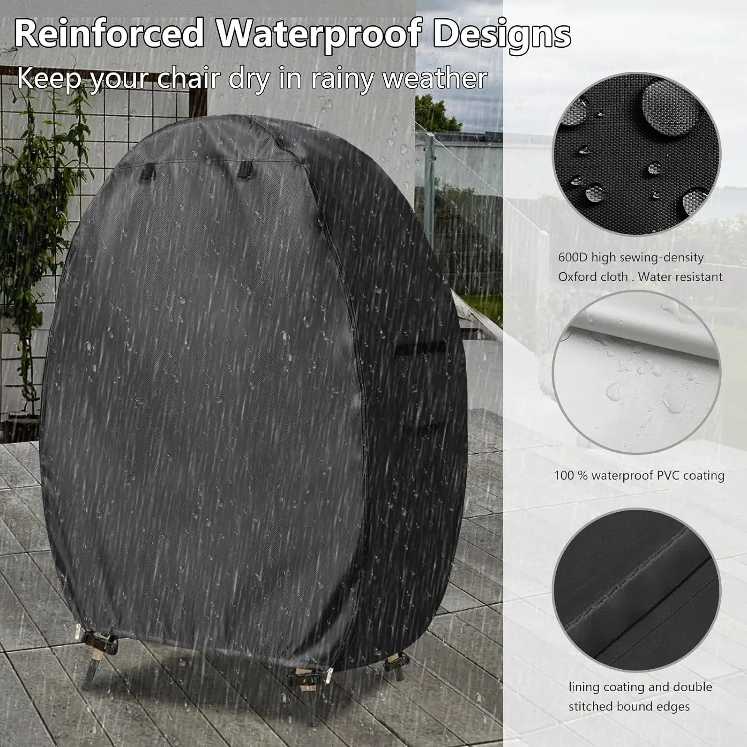 Outdoor Egg Chair Cover with Double Zipper,Waterproof Dust Proof Anti-UV Egg Chair Covers for Wicker Patio Basket Chairs(Black,Cover Only)