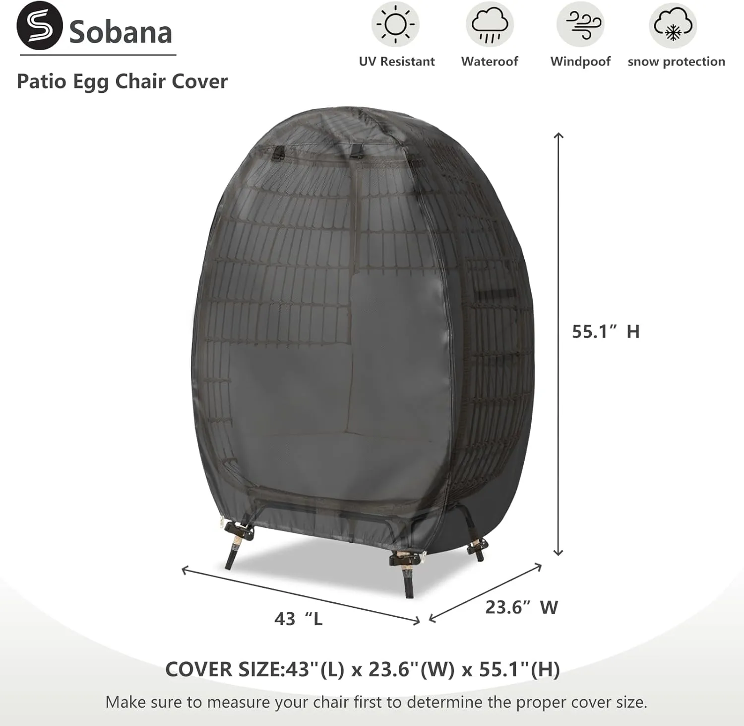 Outdoor Egg Chair Cover with Double Zipper,Waterproof Dust Proof Anti-UV Egg Chair Covers for Wicker Patio Basket Chairs(Black,Cover Only)