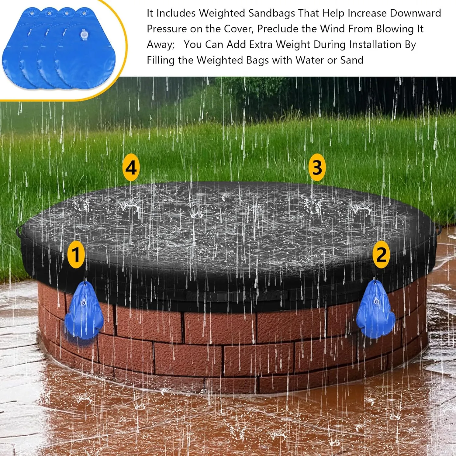 Outdoor Firepit Covers Round, Oxford Cloth Outdoor Rain, Snow and Wind Fire Pit Cover and Sandbag, Suitable for 48-50 Inch Round Built in Stone Firepits