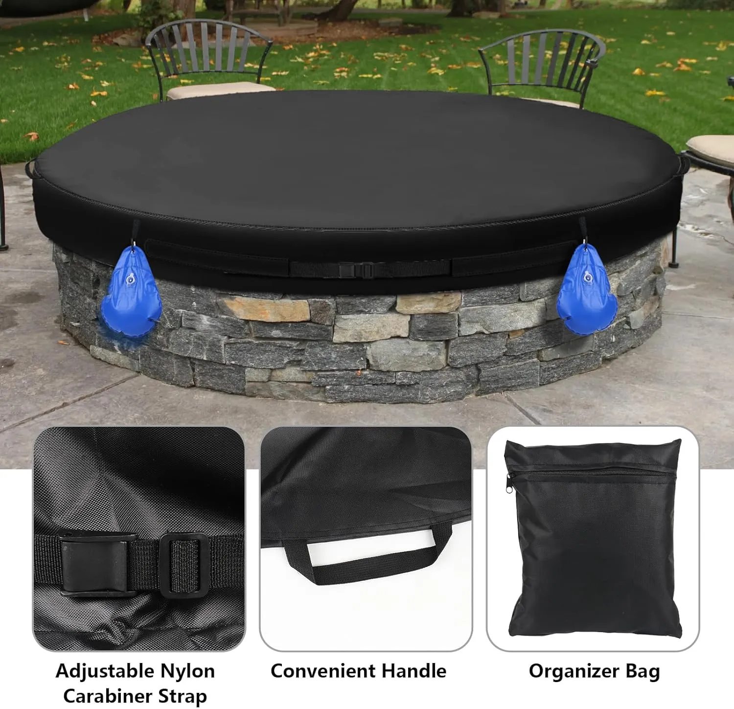Outdoor Firepit Covers Round, Oxford Cloth Outdoor Rain, Snow and Wind Fire Pit Cover and Sandbag, Suitable for 48-50 Inch Round Built in Stone Firepits