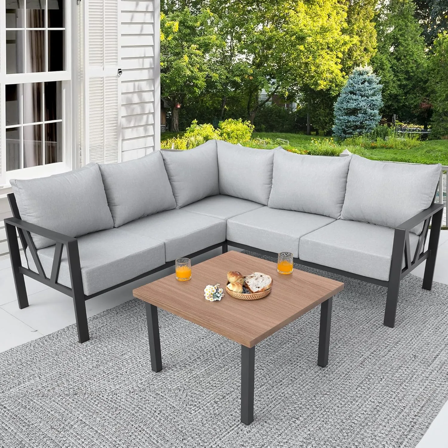 Outdoor Furniture Set, 6 Pieces Outdoor Couch Sectional, L Shaped Metal Patio Corner Sofa with 6” Thick Cushions, Patio Seating Conversation Set, Light Grey