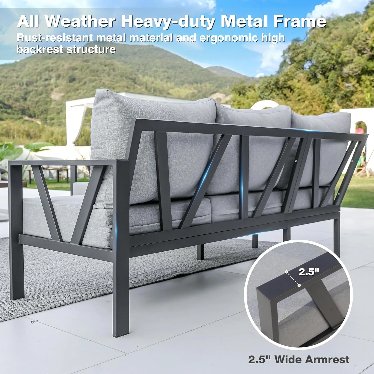 Outdoor Furniture Set, 6 Pieces Outdoor Couch Sectional, L Shaped Metal Patio Corner Sofa with 6” Thick Cushions, Patio Seating Conversation Set, Light Grey