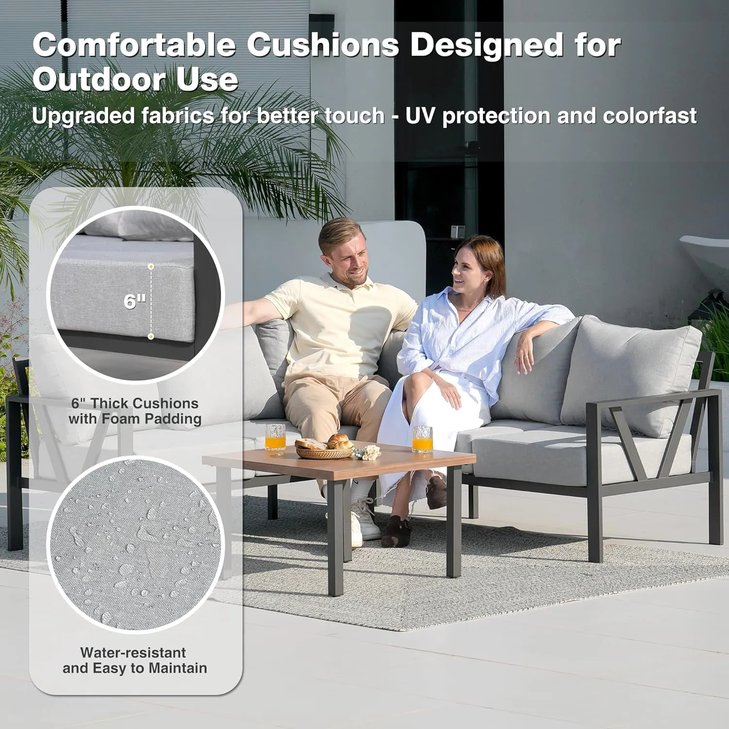 Outdoor Furniture Set, 6 Pieces Outdoor Couch Sectional, L Shaped Metal Patio Corner Sofa with 6” Thick Cushions, Patio Seating Conversation Set, Light Grey