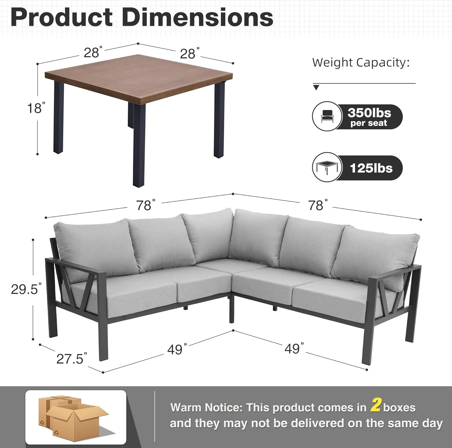 Outdoor Furniture Set, 6 Pieces Outdoor Couch Sectional, L Shaped Metal Patio Corner Sofa with 6” Thick Cushions, Patio Seating Conversation Set, Light Grey
