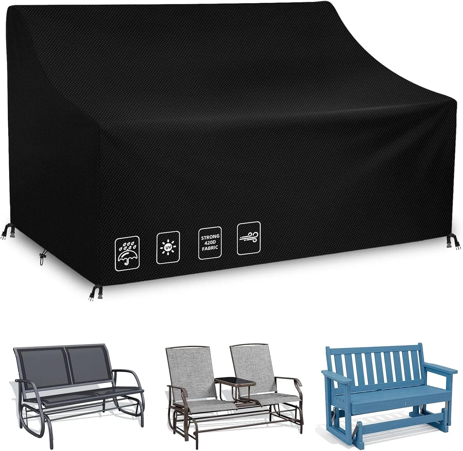 Outdoor Glider Bench Cover with Buckle, Waterproof 2-Person Patio Rocking Chair for Adirondack Double Bench, 420D Heavy Duty Oxford Fabric, Wind-Proof/Anti-UV (Black,52*30*35/24)