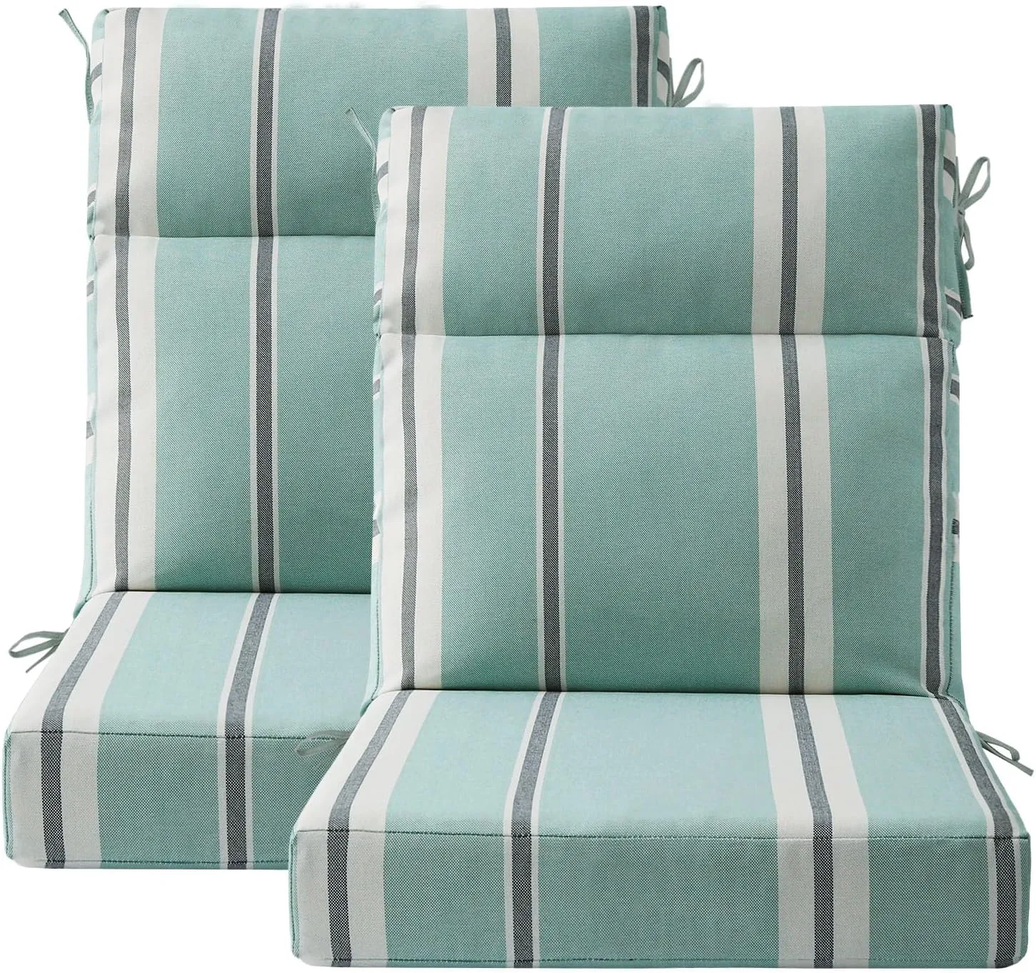 Outdoor High Back Chair Cushion Seat Pads, 2-Pack 44 x 21 Inch Water-Repellent & Fade-Resistant Patio Furniture Cushions with Ties for Adirondack, Rocking Chairs, Aqua Stripe