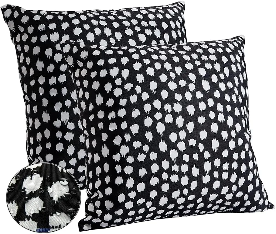 Outdoor Pillow Covers 18x18 Set of 2 Boho Design Black Polka Dot Decorations Pillows Summer Outdoor Waterproof Patio Furniture Garden Porch Sofa Bed Cushion Covers Home Decor JB002-B18