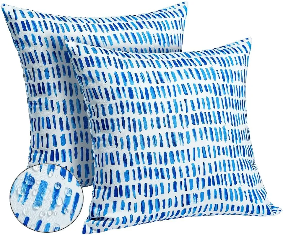 Outdoor Pillow Covers 18x18 Set of 2 Boho Design Blue Striped Decorations Pillows Spring Summer Outdoor Waterproof Patio Furniture Garden Porch Sofa Bed Cushion Covers Home Decor JB003-A18