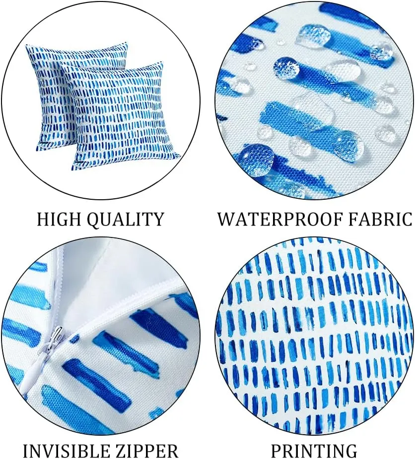 Outdoor Pillow Covers 18x18 Set of 2 Boho Design Blue Striped Decorations Pillows Spring Summer Outdoor Waterproof Patio Furniture Garden Porch Sofa Bed Cushion Covers Home Decor JB003-A18