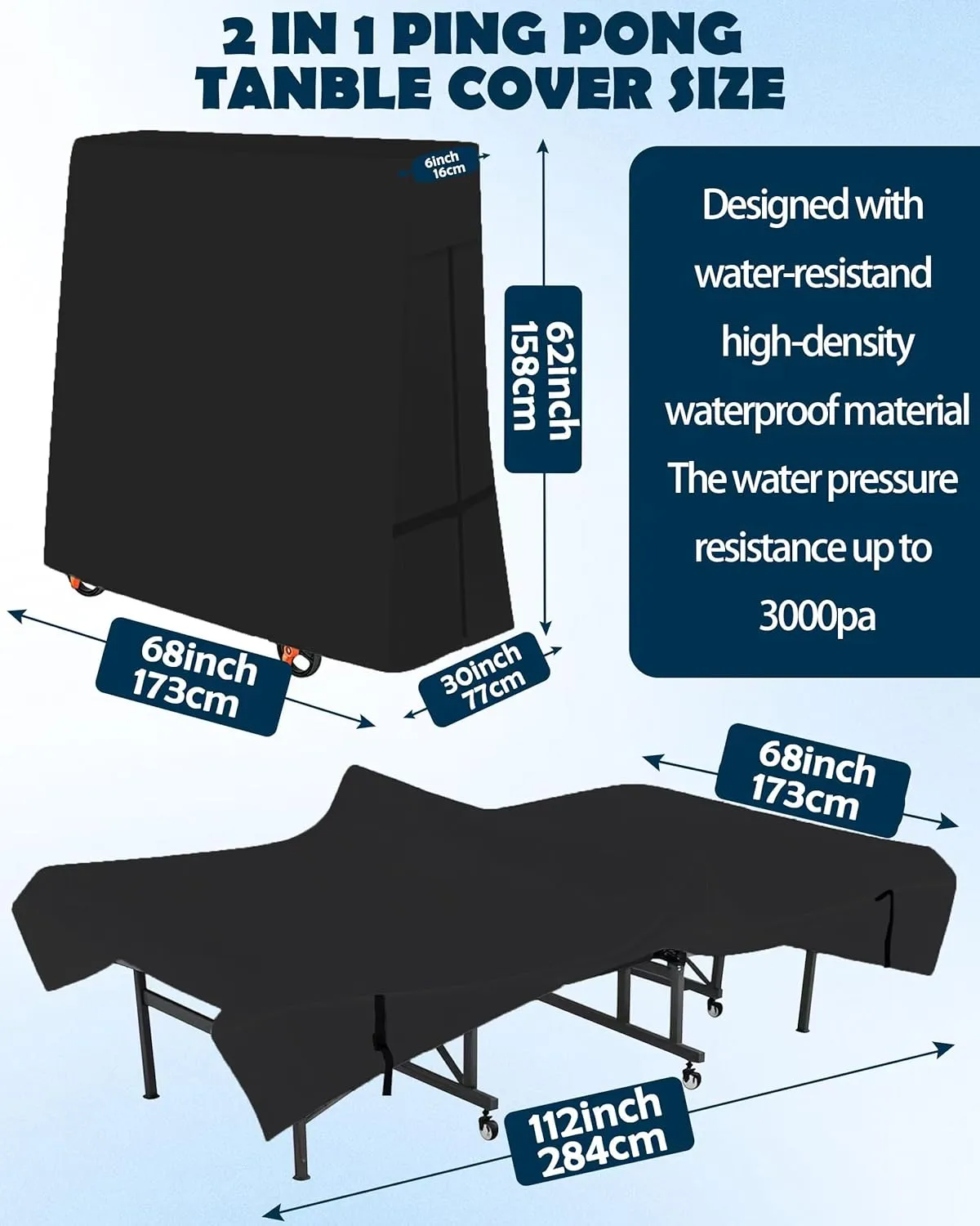 Outdoor Ping Pong Table Cover, 600D Waterproof Sunproof Indoor & Outdoor Fits Universal Folding Tables and Flat 9x5 FT Tables Tennis