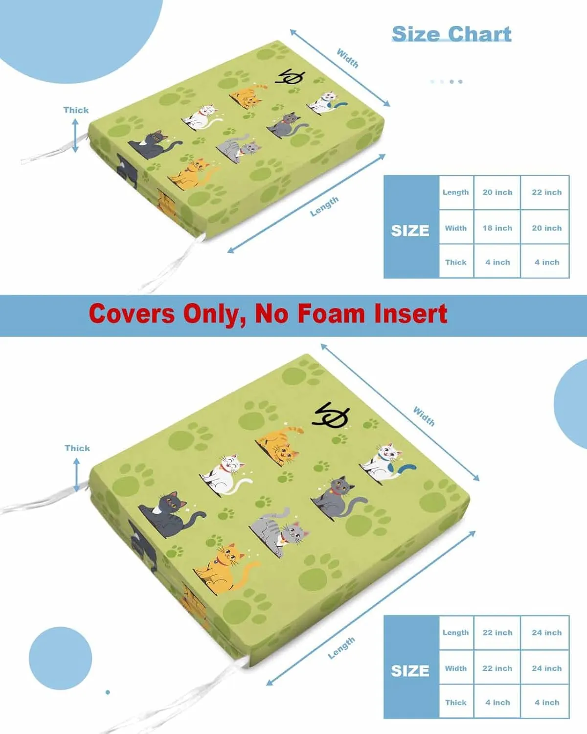Outdoor Seat Cushion Covers Set of 2, Cute Grey Brown Cat on Green Waterproof Patio Cushion Cover, Animal Paw Prints Washable Seat Slipcovers Protector for Dining Room Sofa Couch