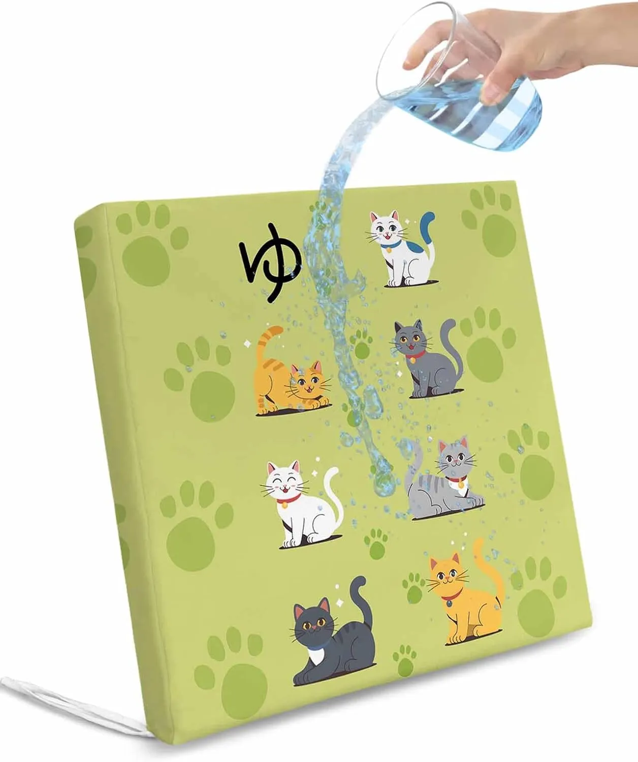 Outdoor Seat Cushion Covers Set of 2, Cute Grey Brown Cat on Green Waterproof Patio Cushion Cover, Animal Paw Prints Washable Seat Slipcovers Protector for Dining Room Sofa Couch