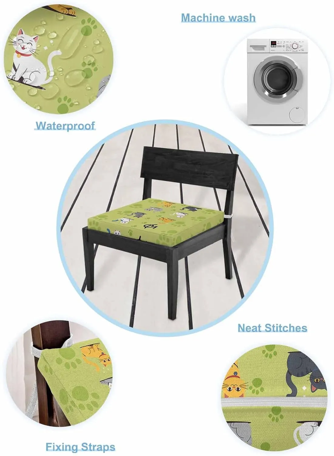 Outdoor Seat Cushion Covers Set of 2, Cute Grey Brown Cat on Green Waterproof Patio Cushion Cover, Animal Paw Prints Washable Seat Slipcovers Protector for Dining Room Sofa Couch