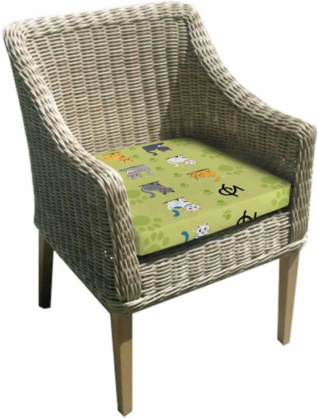 Outdoor Seat Cushion Covers Set of 2, Cute Grey Brown Cat on Green Waterproof Patio Cushion Cover, Animal Paw Prints Washable Seat Slipcovers Protector for Dining Room Sofa Couch