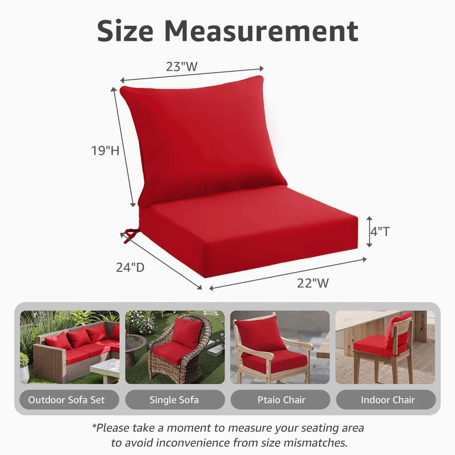 Outdoor Seat Cushion Set 22 x 24 x 4 Inch, Waterproof & Fade Resistant Patio Furniture Cushions with Removable Cover and Ties, Thick Deep Seating Pads for Outside Chair Sofa Couch, Red