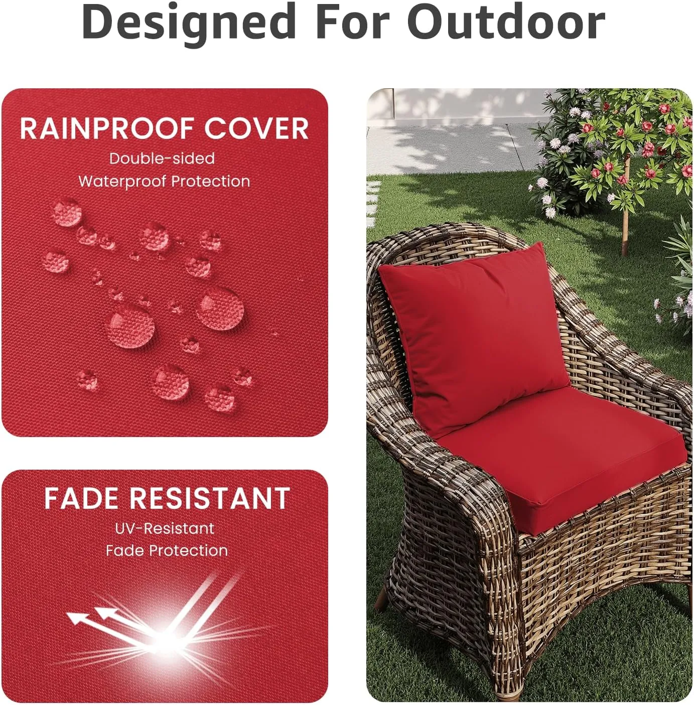 Outdoor Seat Cushion Set 22 x 24 x 4 Inch, Waterproof & Fade Resistant Patio Furniture Cushions with Removable Cover and Ties, Thick Deep Seating Pads for Outside Chair Sofa Couch, Red