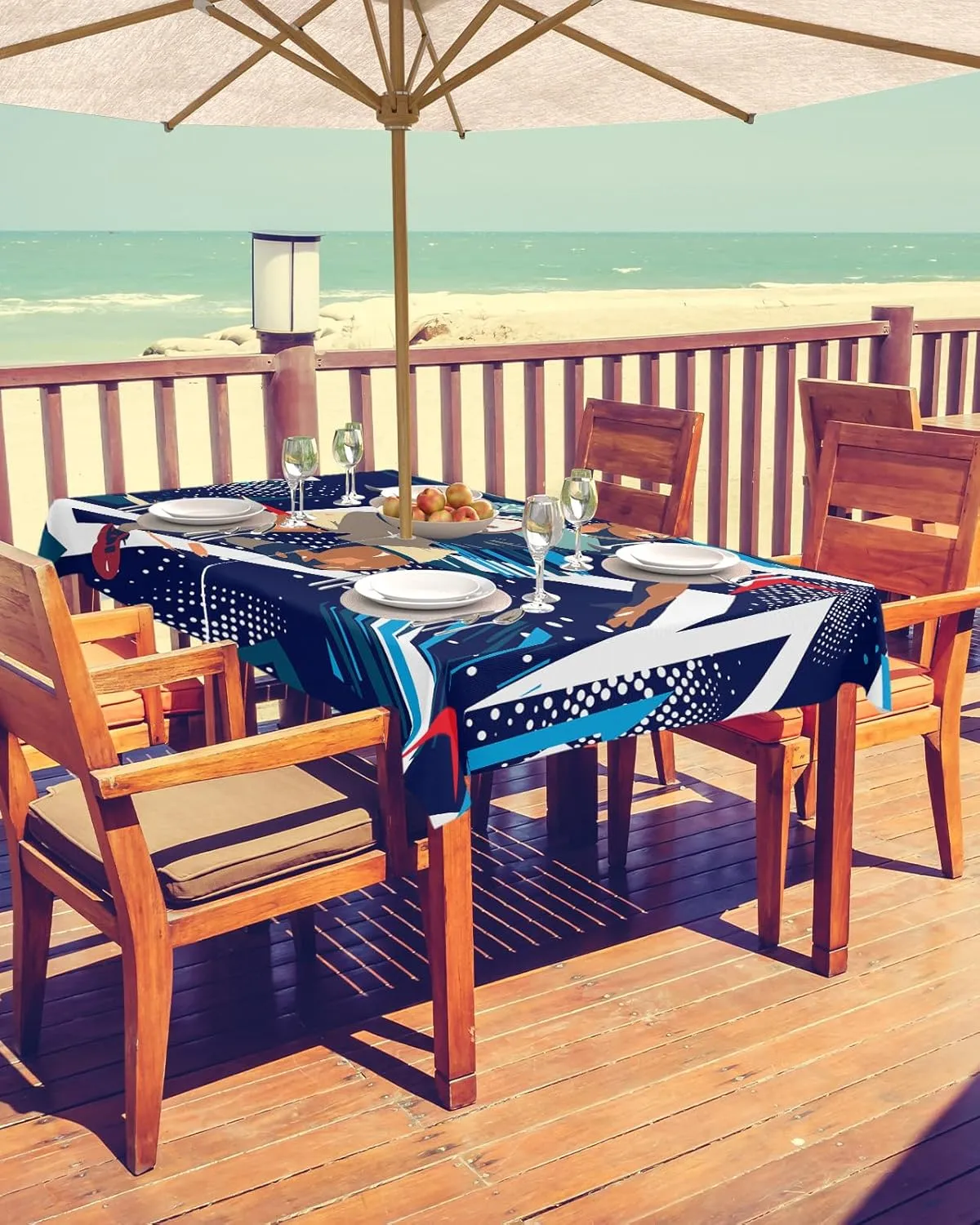 Outdoor Tablecloth 52"x70" Table Cover with Umbrella Hole and Zipper Waterproof Sports Theme Athletes Rugby Blue Geometric Table Cloths for BBQs/Party/Picnic