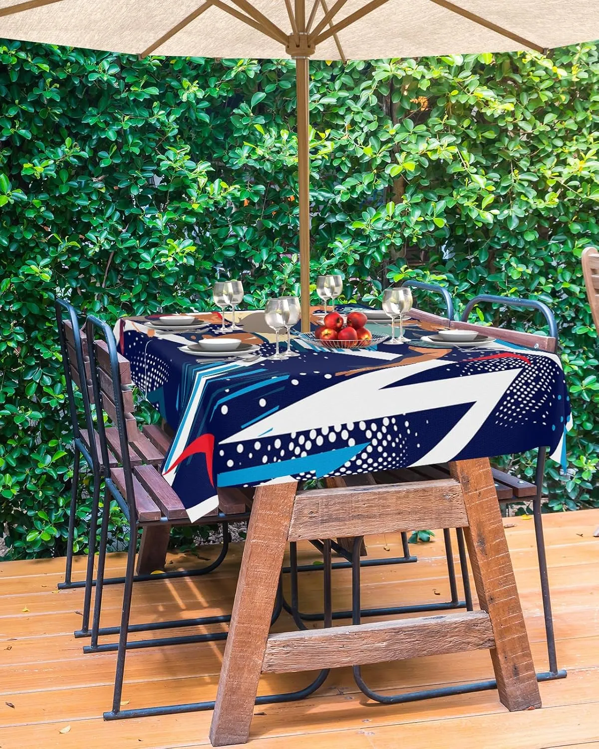 Outdoor Tablecloth 52"x70" Table Cover with Umbrella Hole and Zipper Waterproof Sports Theme Athletes Rugby Blue Geometric Table Cloths for BBQs/Party/Picnic