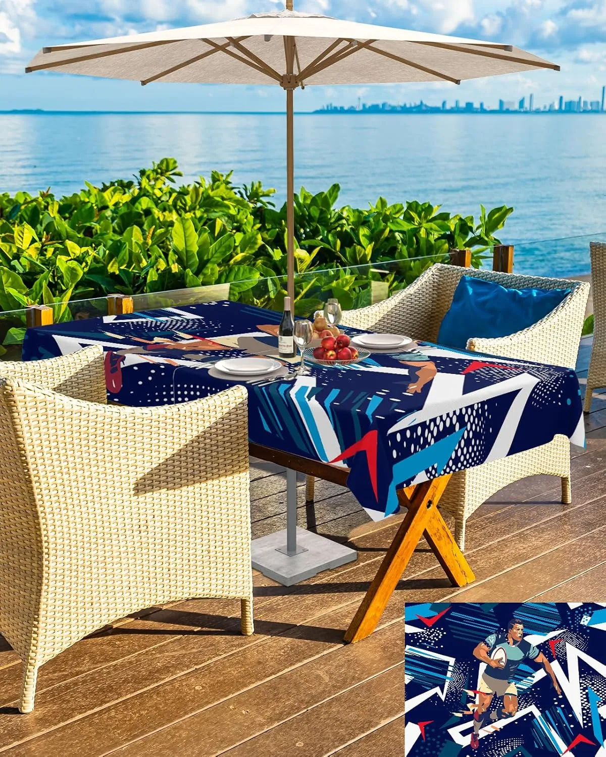 Outdoor Tablecloth 52"x70" Table Cover with Umbrella Hole and Zipper Waterproof Sports Theme Athletes Rugby Blue Geometric Table Cloths for BBQs/Party/Picnic