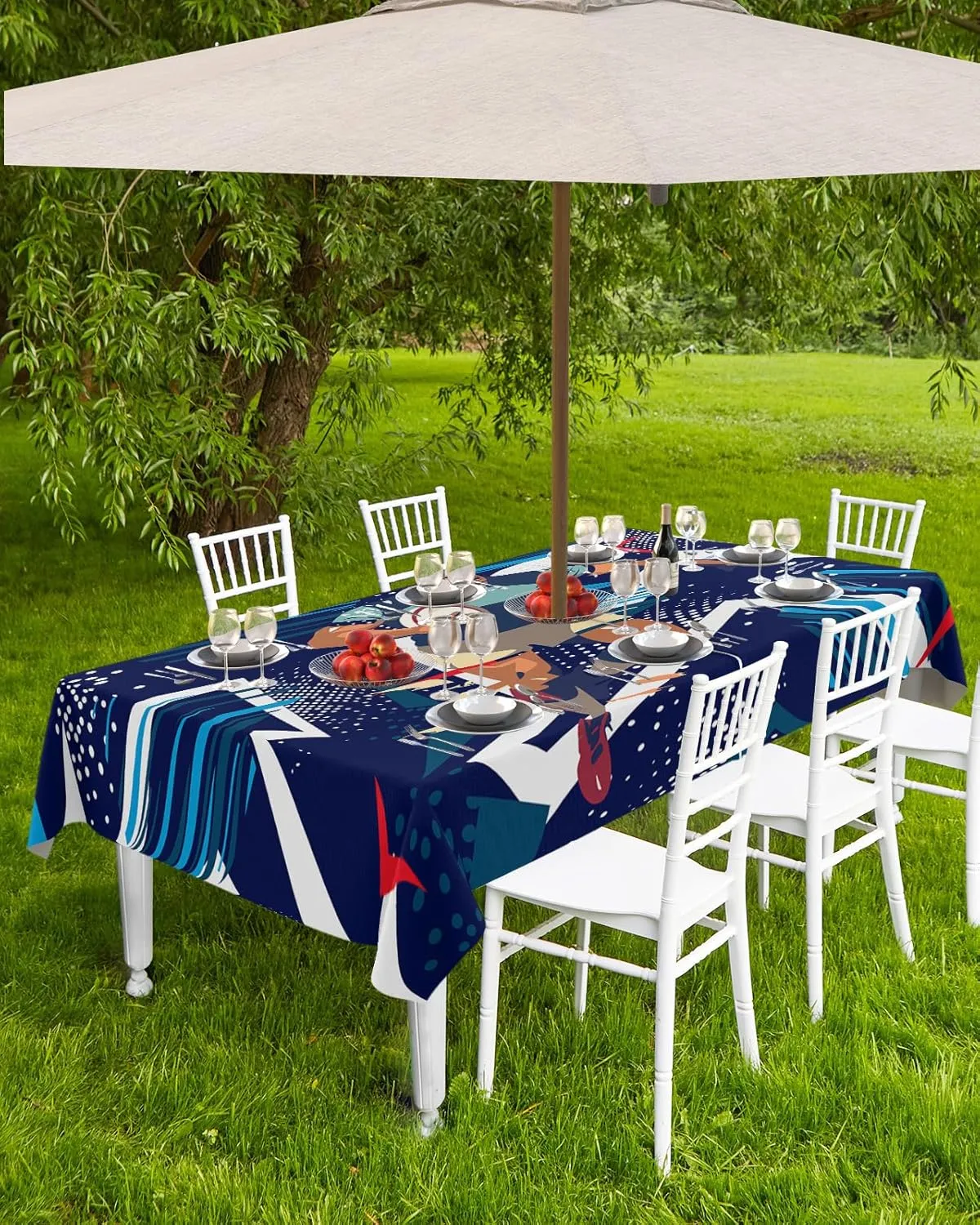 Outdoor Tablecloth 52"x70" Table Cover with Umbrella Hole and Zipper Waterproof Sports Theme Athletes Rugby Blue Geometric Table Cloths for BBQs/Party/Picnic