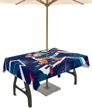 Outdoor Tablecloth 52"x70" Table Cover with Umbrella Hole and Zipper Waterproof Sports Theme Athletes Rugby Blue Geometric Table Cloths for BBQs/Party/Picnic
